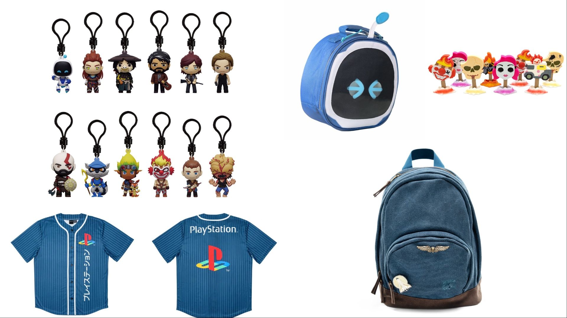 Diversos produtos licenciados do PlayStation, incluindo mochila inspirada em The Last of Us e caixa de almoço do Astro Bot.
