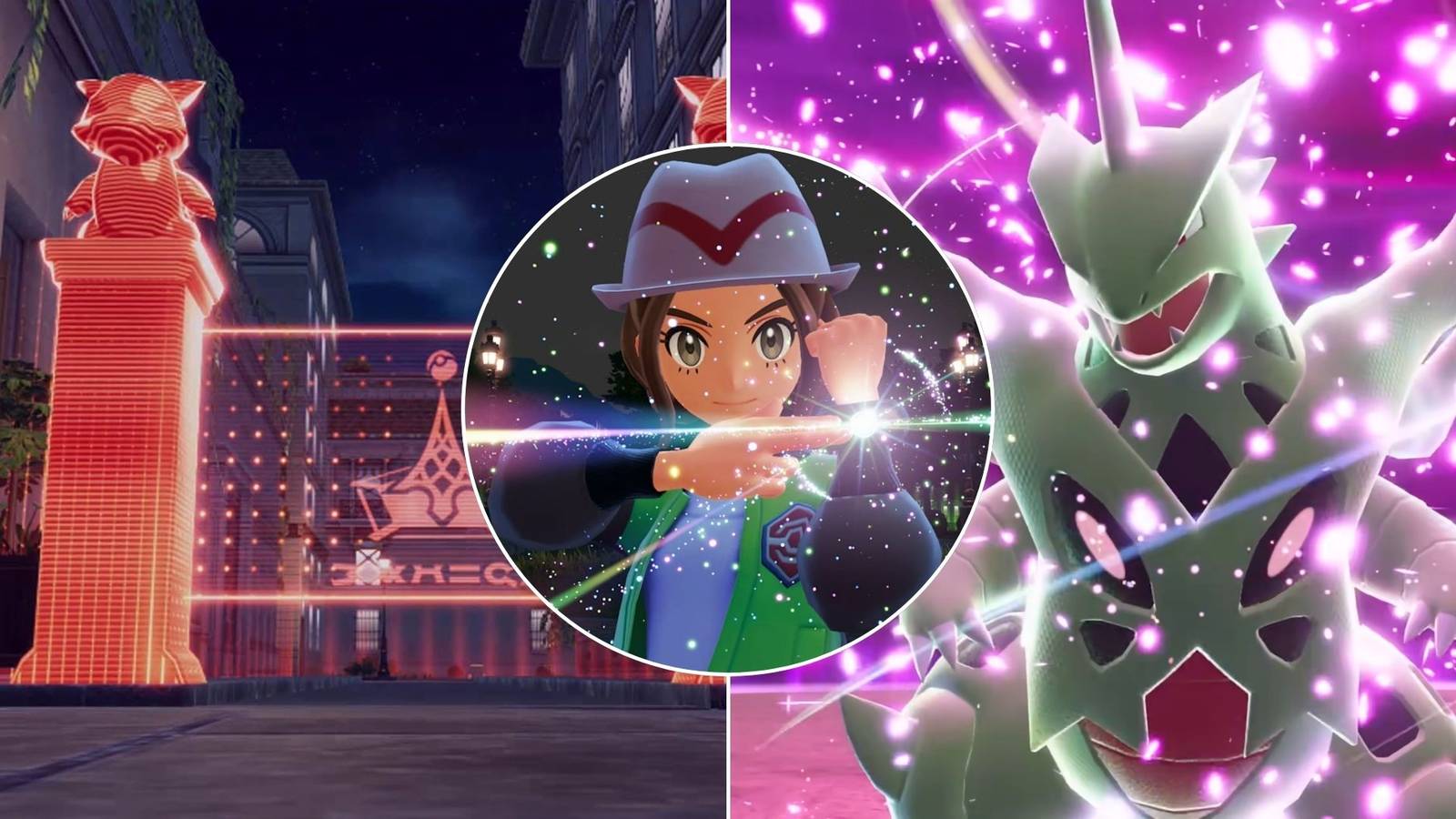 A collage of three major gameplay changes introduced in Pokemon Legends Z-A: Battle Zones, Mega Evolution and Rogue Mega Evolution.