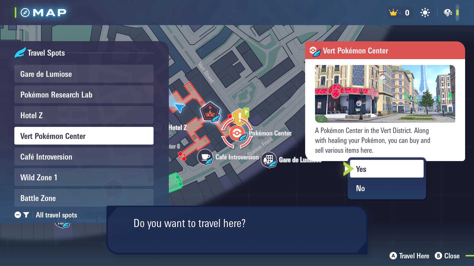 Pokemon Legends Z-A Fast Travel System Map Vert Pokemon Center Travel list