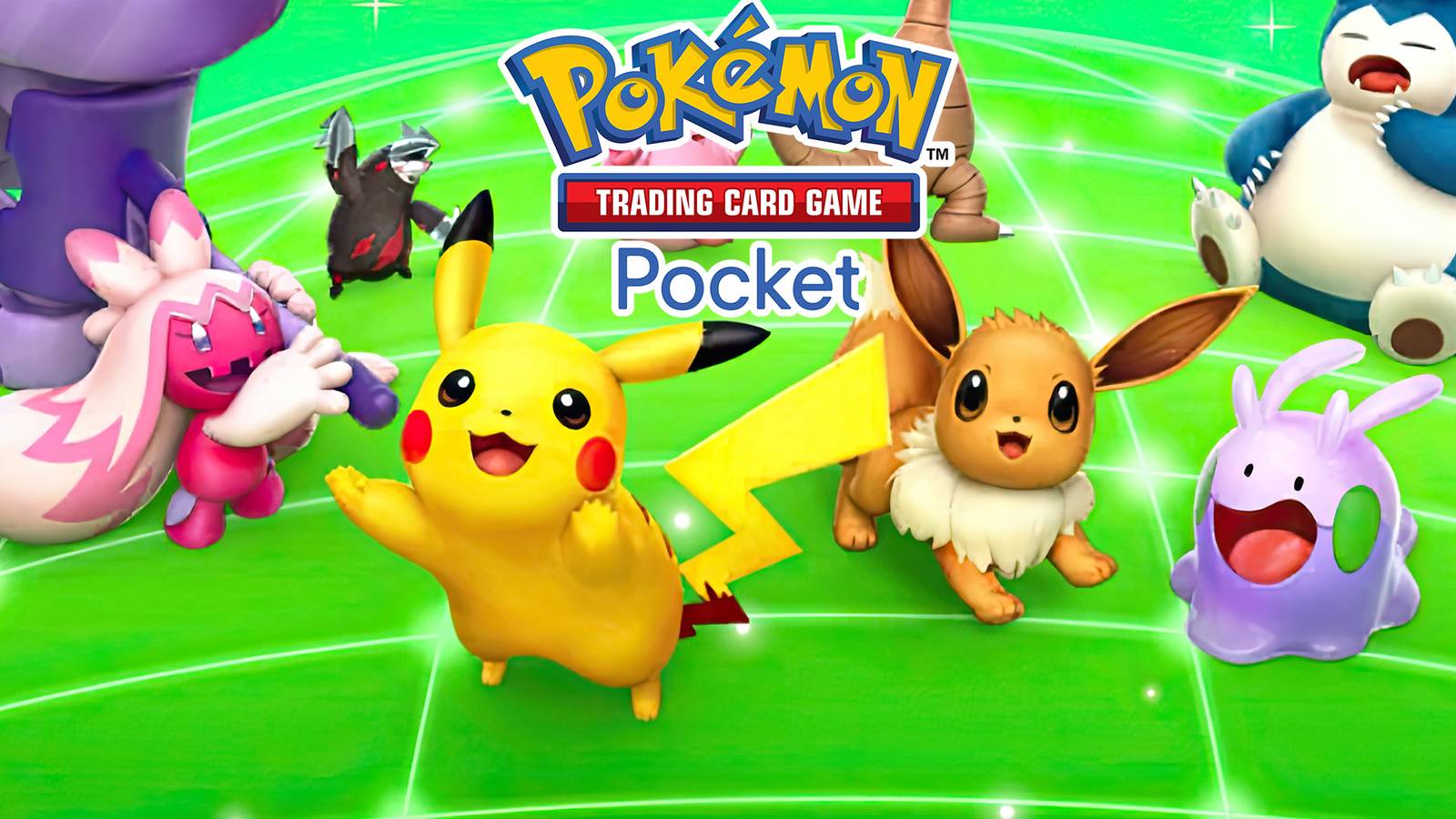 Pokemon TCG Pocket Trading Card Game logo with Pikachu and Eevee composite