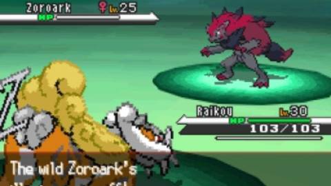 Raikou fighting the event Zoroark - Pokemon Black And White
