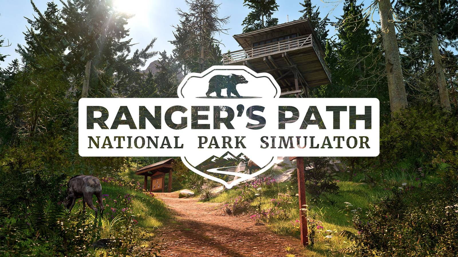 Ranger's Path National Park Simulator logo over gameplay screenshot forest path
