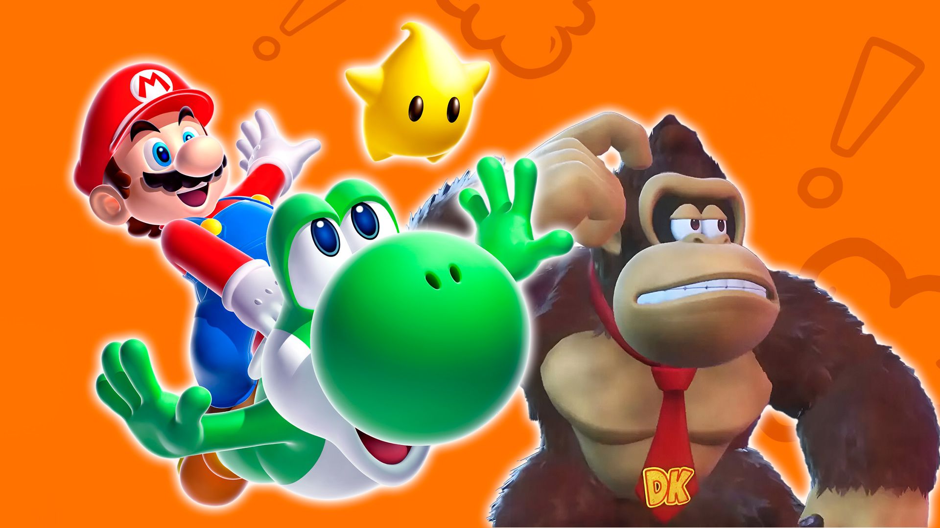 Mario Riding Yoshi and Donkey Kong scratching head