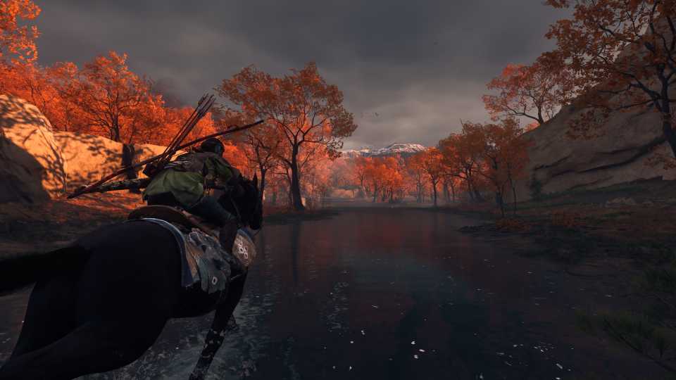 Riding a horse in a river in Ghost of Yotei