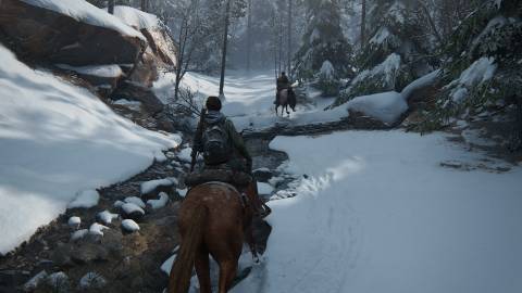 Riding a horse in snow in The Last of Us Part 2