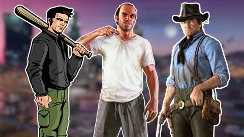 A collage of characters from three important Rockstar games: Claud from GTA 3, Trevor from GTA5 and Arthur from Red Dead Redemption 2.