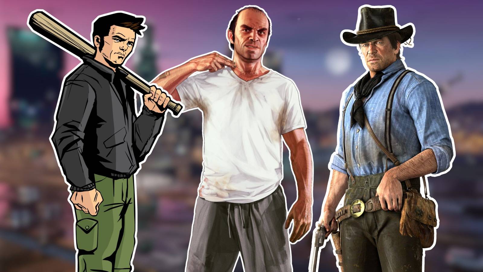 A collage of characters from three important Rockstar games: Claud from GTA 3, Trevor from GTA5 and Arthur from Red Dead Redemption 2.