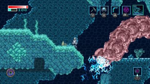 Running from a mini-boss in Axiom Verge 2