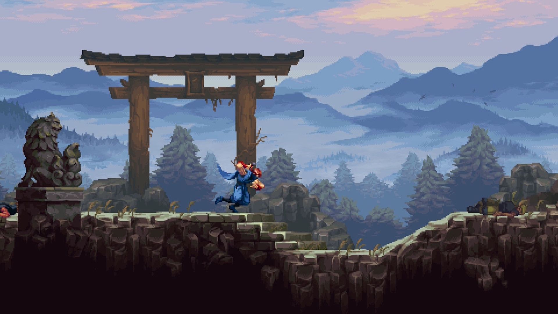 Running past a shrine in Ninja Gaiden Ragebound