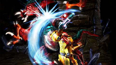 Samus fighting a giant Metroid in official art of Samus Returns.