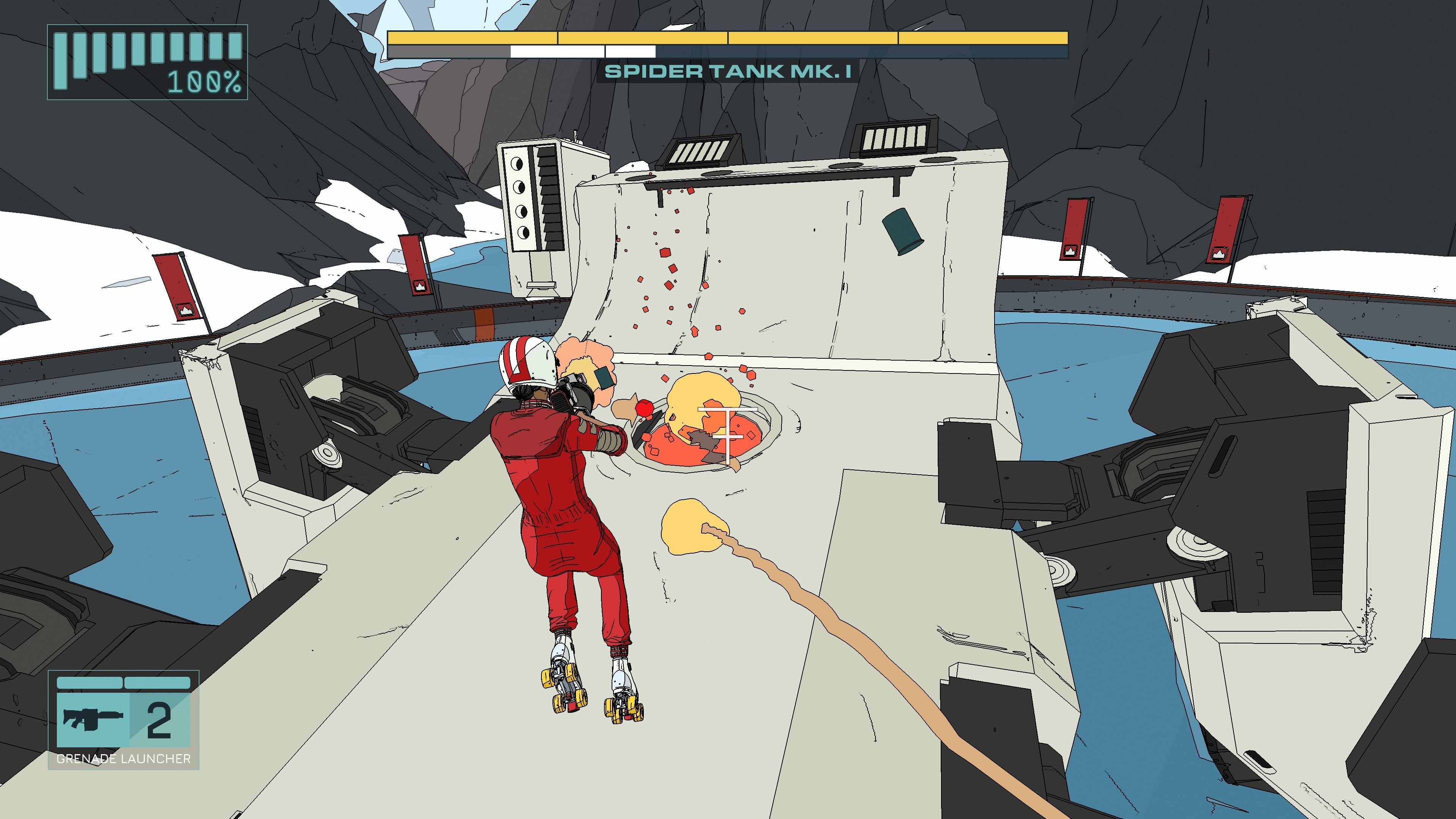 Shooting a boss in Rollerdrome