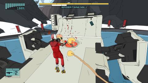 Shooting a boss in Rollerdrome