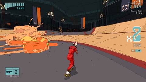 Shooting enemies in Rollerdrome