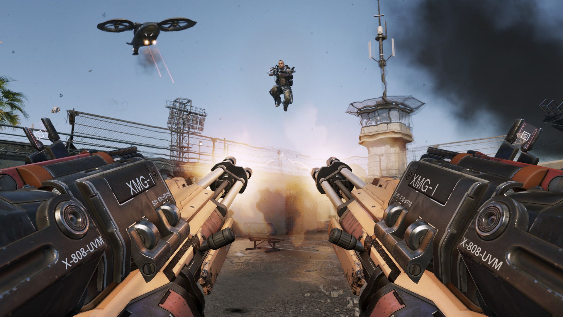 Shooting enemies with a Gatling gun in Call Of Duty Advanced Warfare