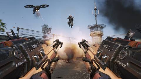 Shooting enemies with a Gatling gun in Call Of Duty Advanced Warfare