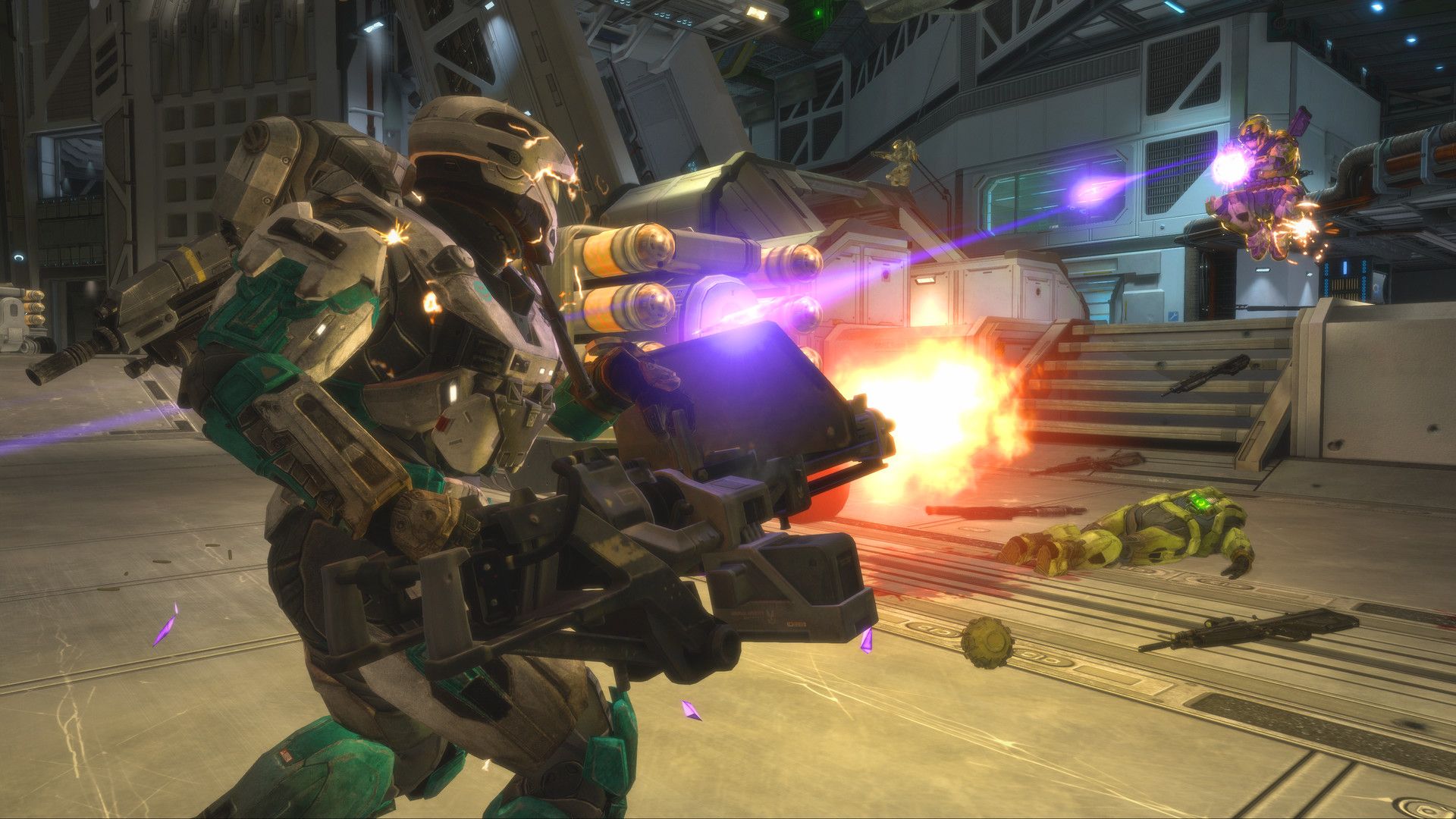 Shooting enemies with a Gatling gun in Halo Reach