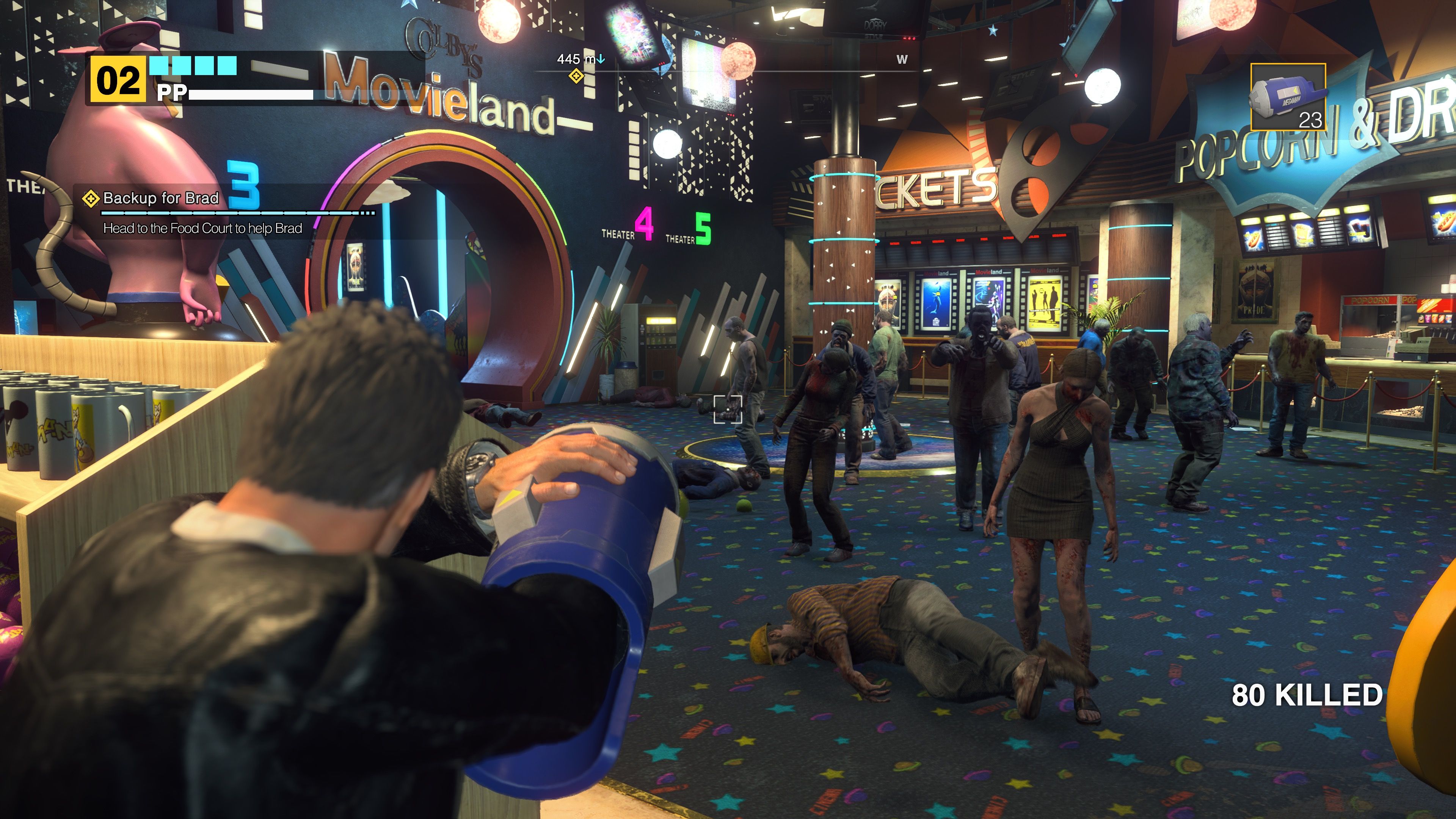 Shooting zombies with an arm cannon in Dead Rising Deluxe Remaster