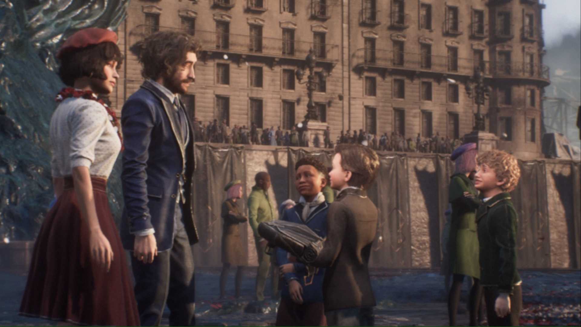 Sophie and Gustave talking to children in Clair Obscur Expedition 33