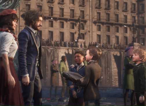 Sophie and Gustave talking to children in Clair Obscur Expedition 33