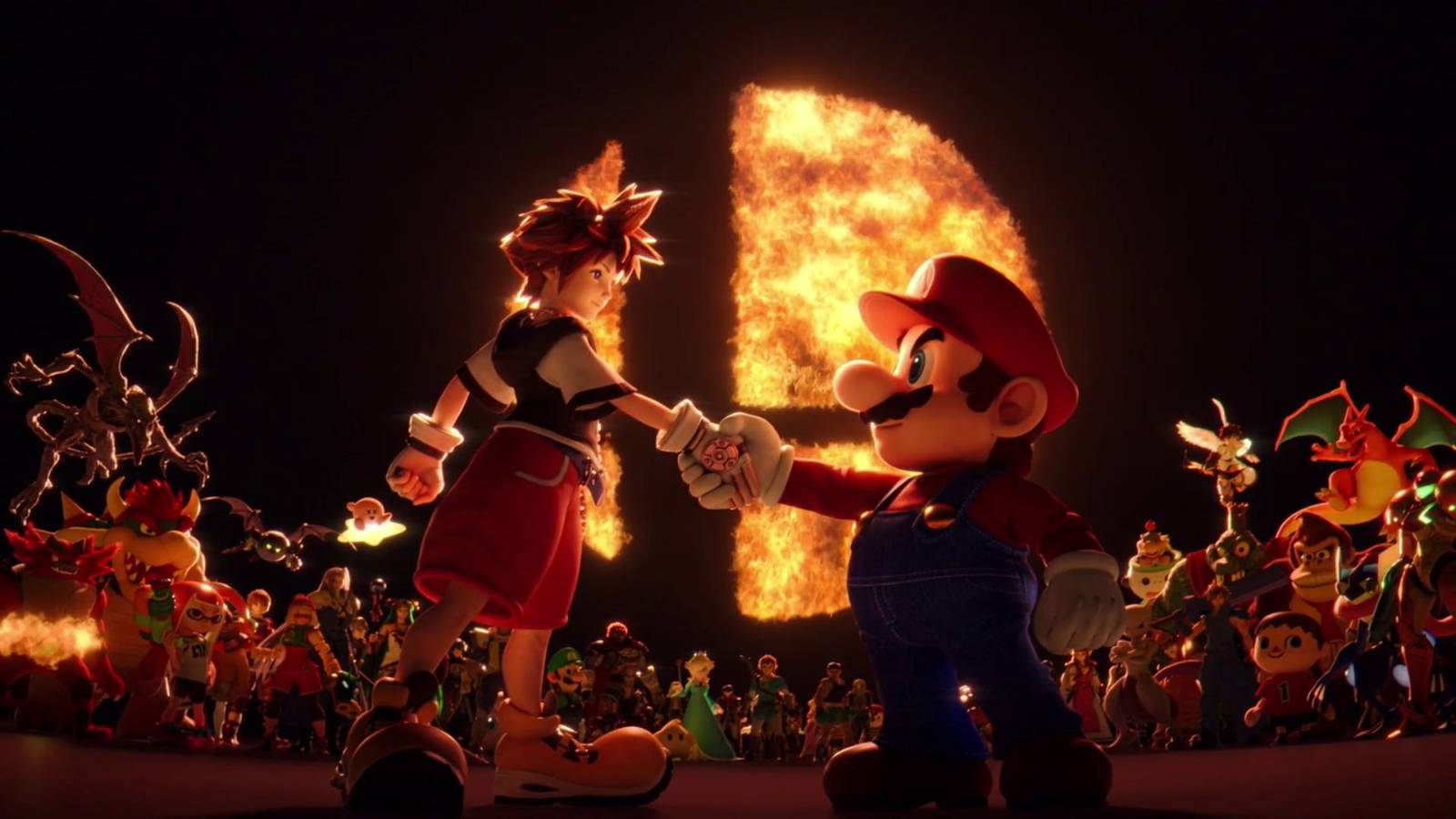 Sora shakes hands with Mario at the end of his reveal trailer - Super Smash Bros. Ultimate