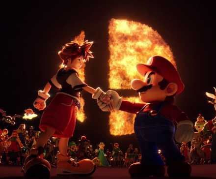 Sora shakes hands with Mario at the end of his reveal trailer - Super Smash Bros. Ultimate