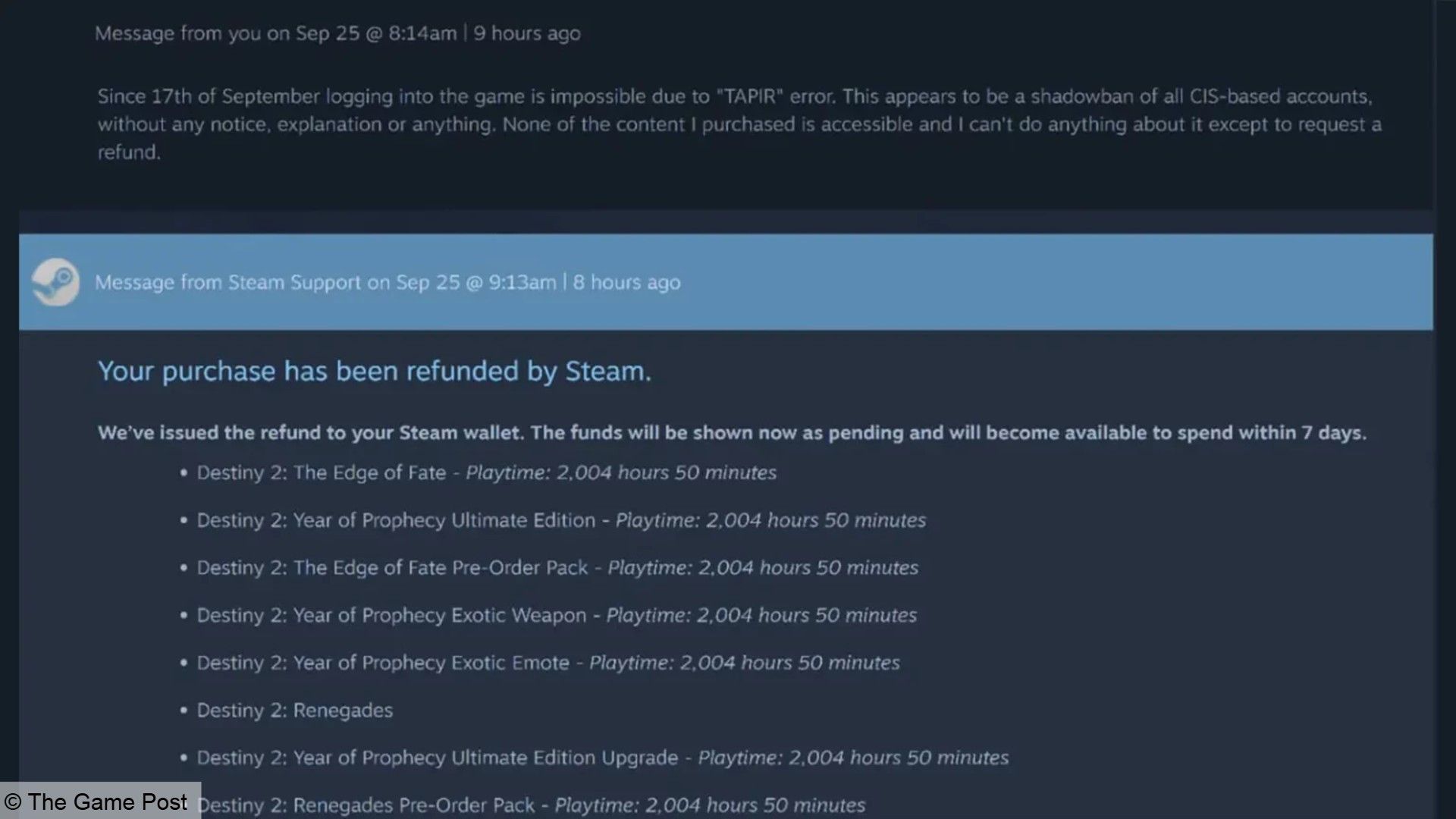 Jogador de Destiny 2 com milhares de horas de jogo recebendo reembolso da Steam.