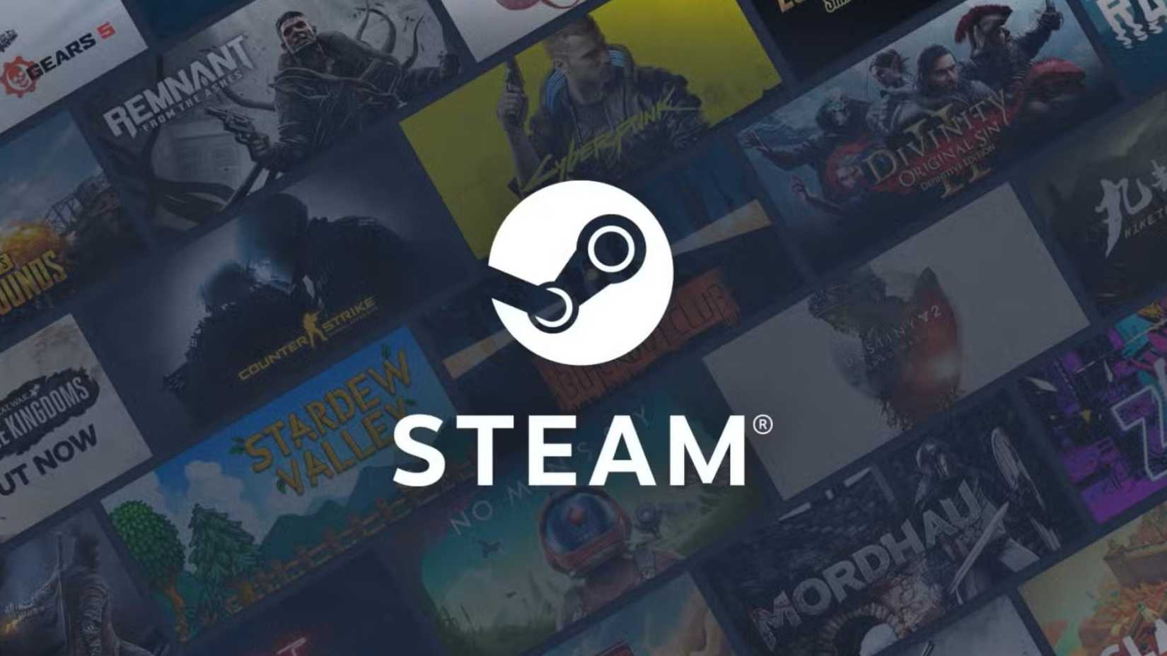 Logo branco da Steam em um fundo de parede de jogos