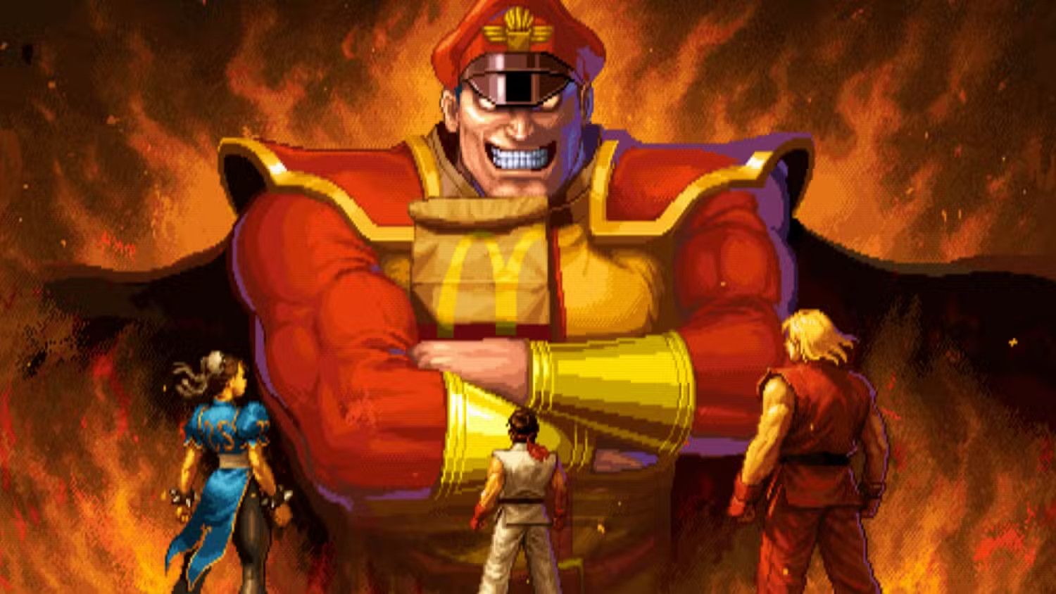 M. Bison em arte promocional de Street Fighter com o logo do McDonald's.