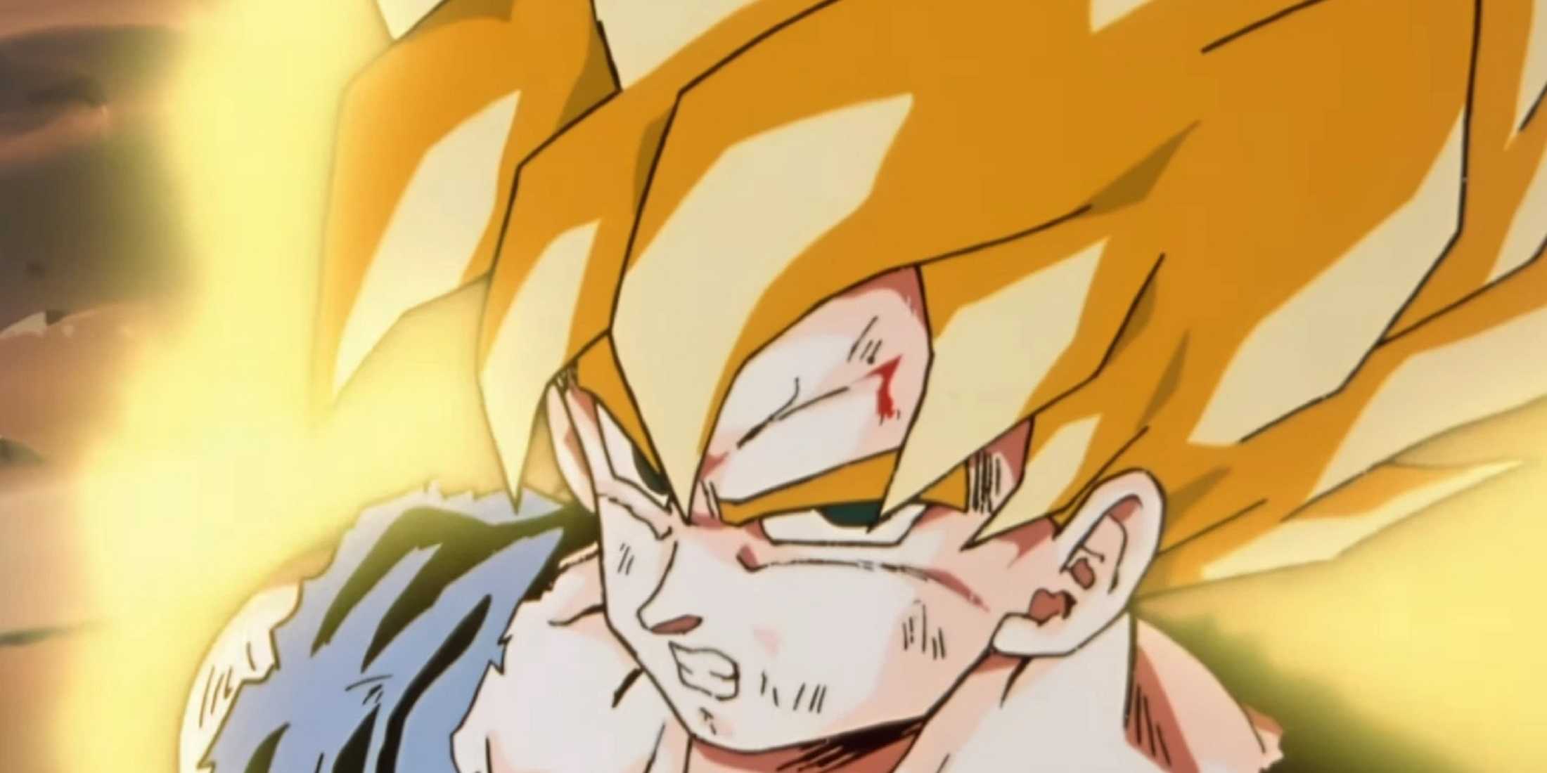 Goku bares his teeth in Super Saiyan mode.