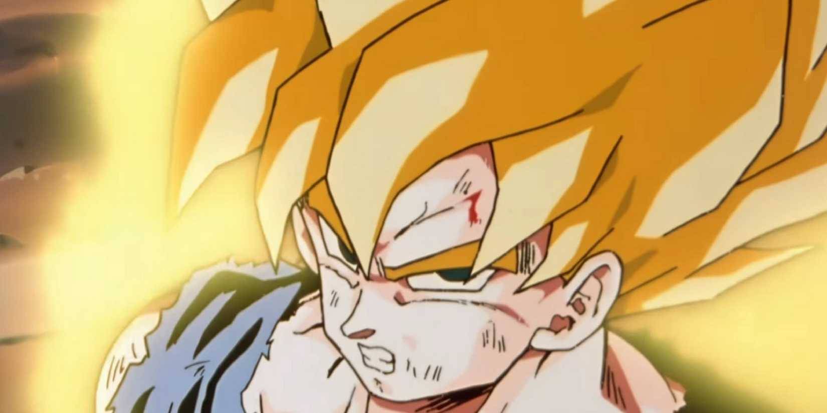 Goku bares his teeth in Super Saiyan mode.