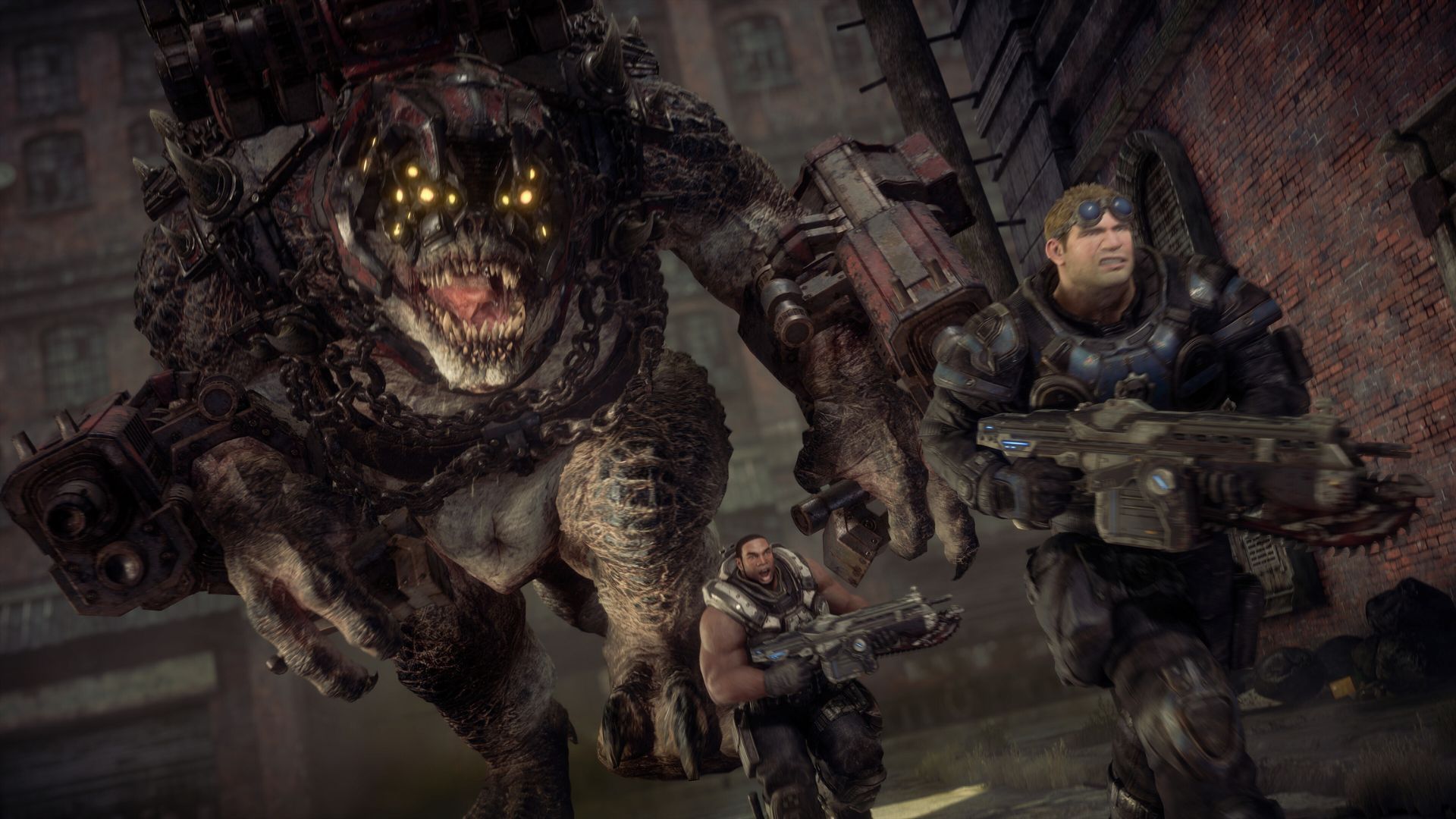 The crew escapes from a giant Locust monster - Gears Of War Reloaded