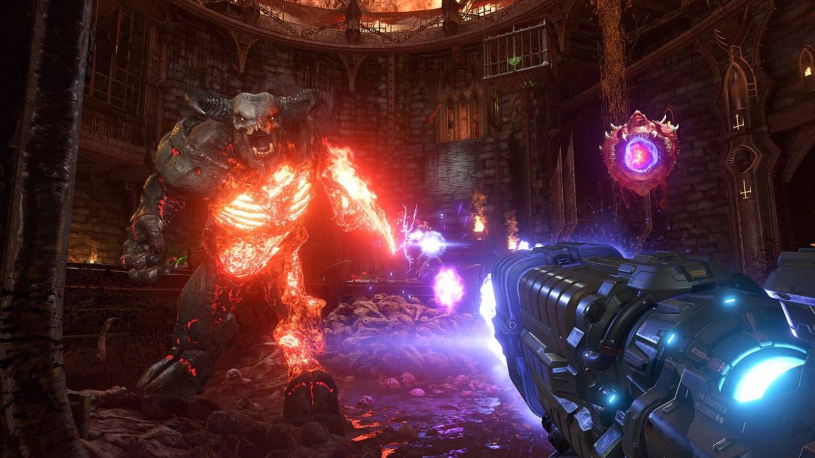 The Doom Slayer shooting demons in hell - Doom Eternal