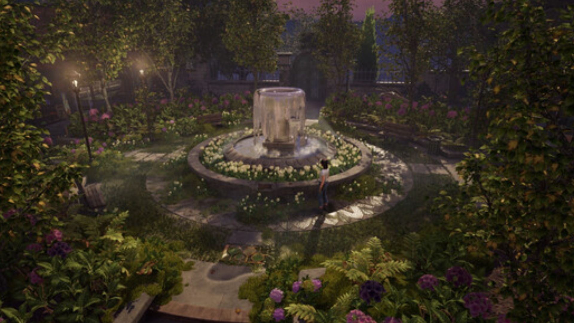 Cena de The Florist com ambiente sombrio e elementos florais.