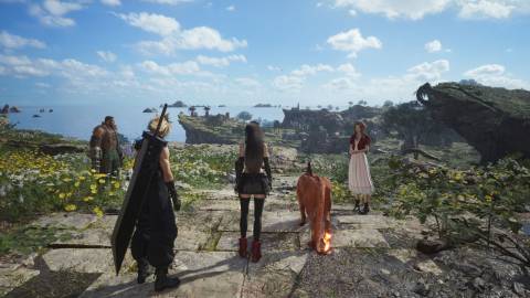 The main party exploring the overworld - Final Fantasy VII Rebirth