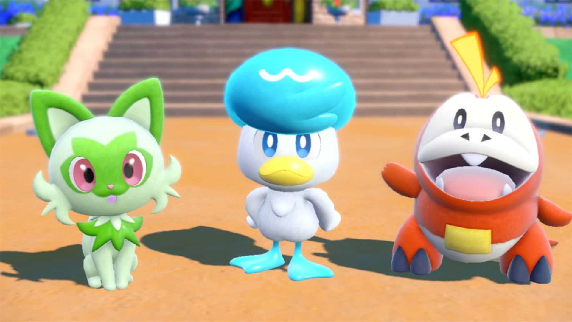 The Paldean starters at the beginning of the game, Sprigatito, Quaxly and Fuecoco - Pokemon Scarlet and Violet