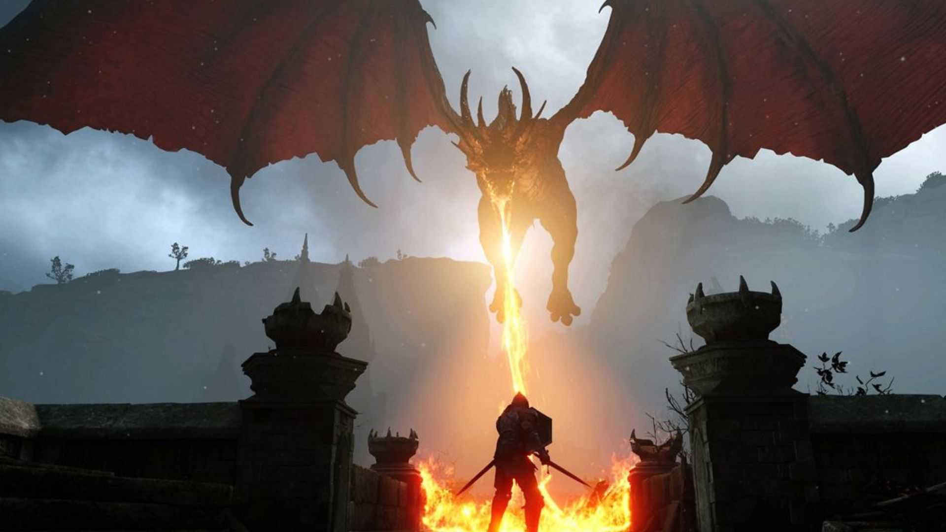 Karakter pemain melindungi diri dari nafas api naga - Demon’s Souls