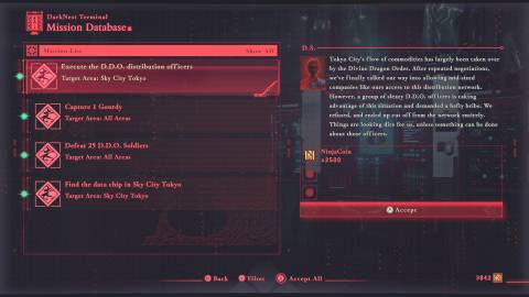 The quest menu in Ninja Gaiden 4