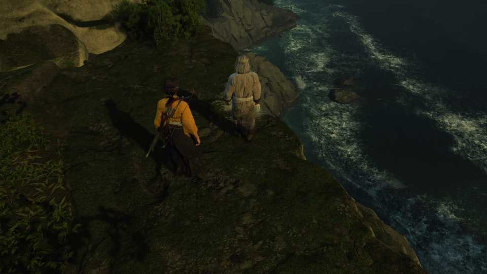 Traveling alongside a cliff in Ghost of Yotei