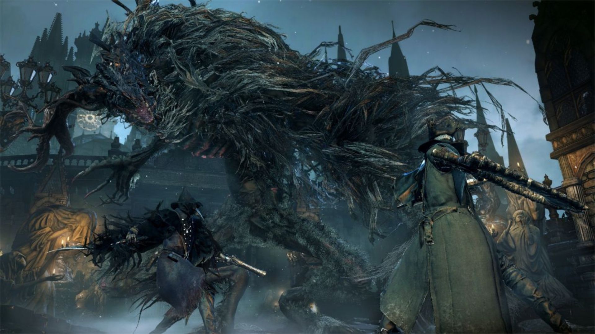 Two hunters fighting the Cleric Beast - Bloodborne