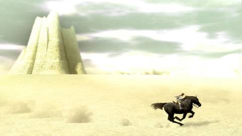 Wander running around a desert on horseback - Shadow Of The Colossus