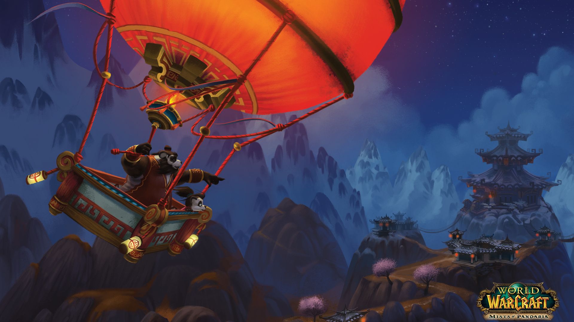 Chen e Li Li Stormstout no Balão de Ar Quente Festivo em World of Warcraft