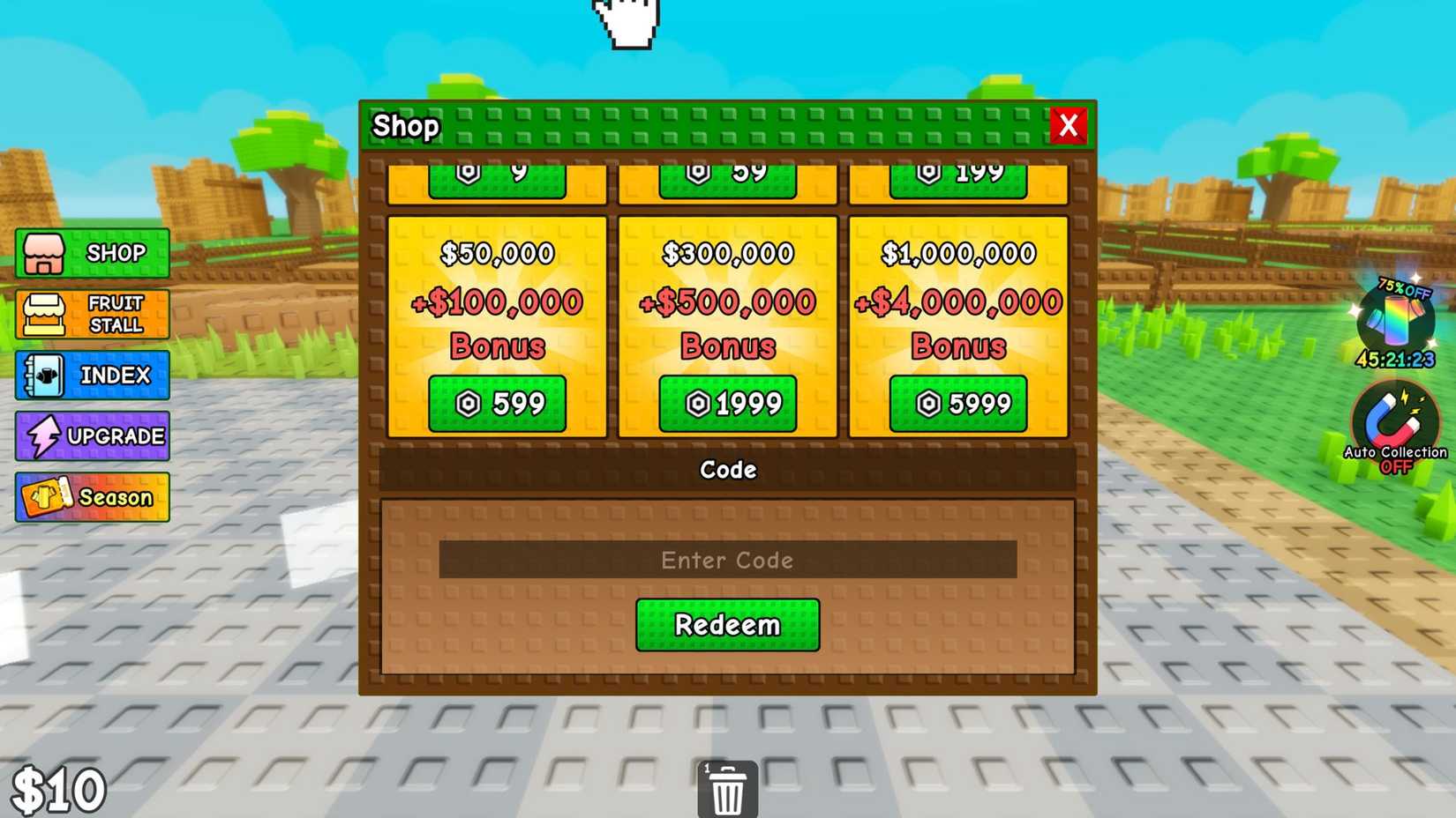 World Tree Tycoon the codes tab