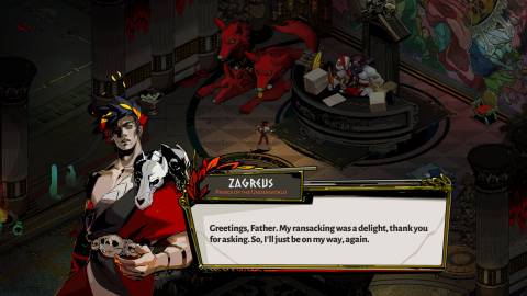 Zagreus talking to Hades and Cerberus - Hades