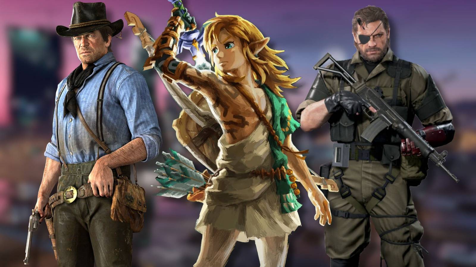 A collage of protagonists from three open-world games: Link from Tears of the Kingdom, Arthur Morgan from Red Dead Redemption 2 and Venom Snake from Metal Gear Solid V: The Phantom Pain.