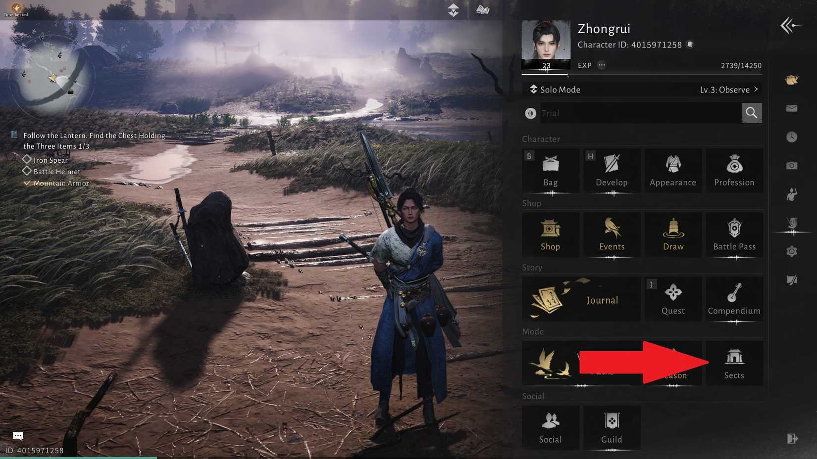 Where Winds Meet Sects menu button