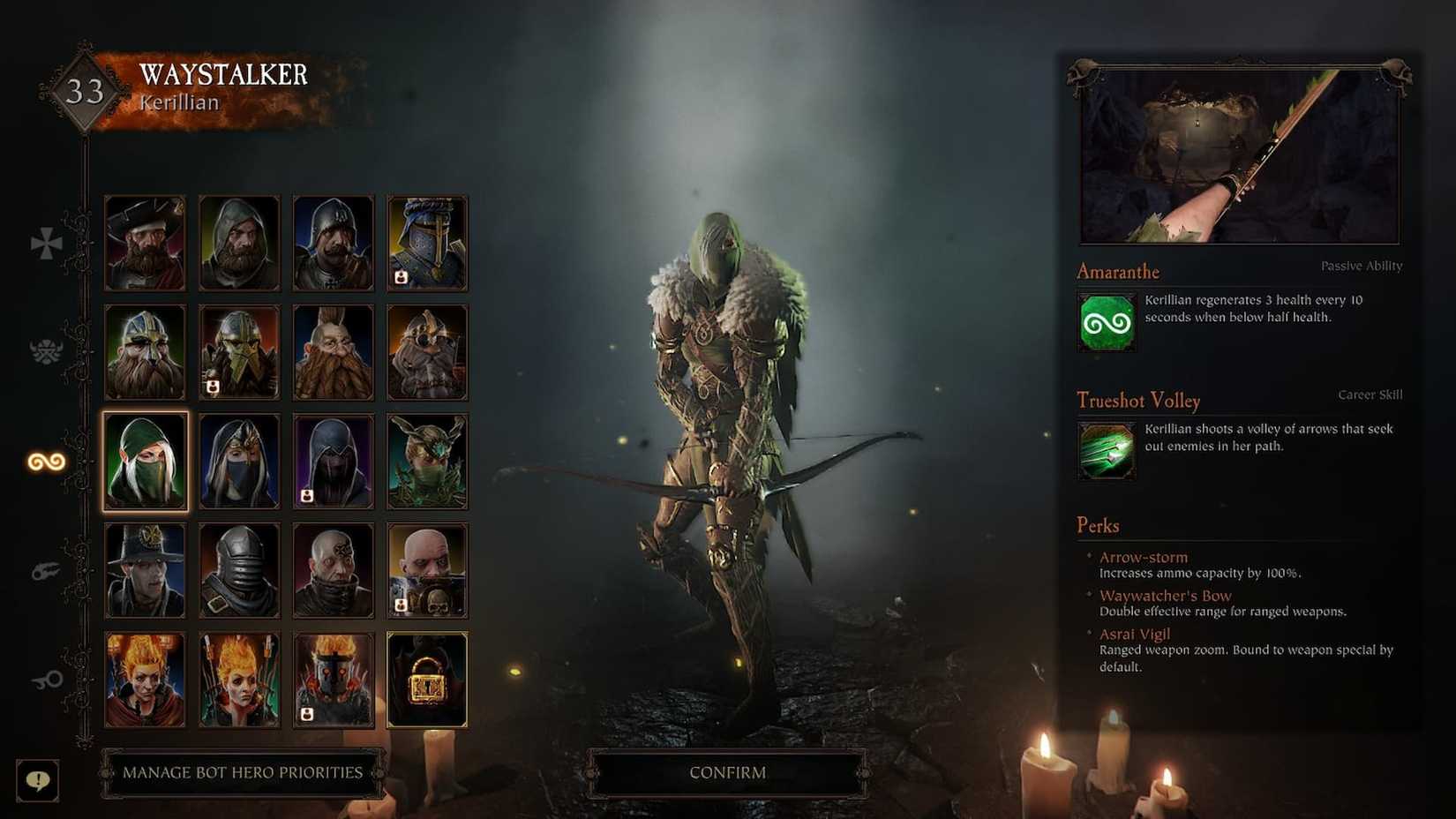 Vermintide 2 Kerillian Waystalker character select screen