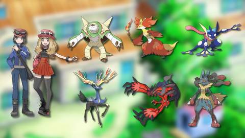 A collage of Calem-Serena and some of the Pokemon they can catch in X and Y, Chesnaught, Delphox, Greninja, Xerneas, Yveltal and Mega Lucario.