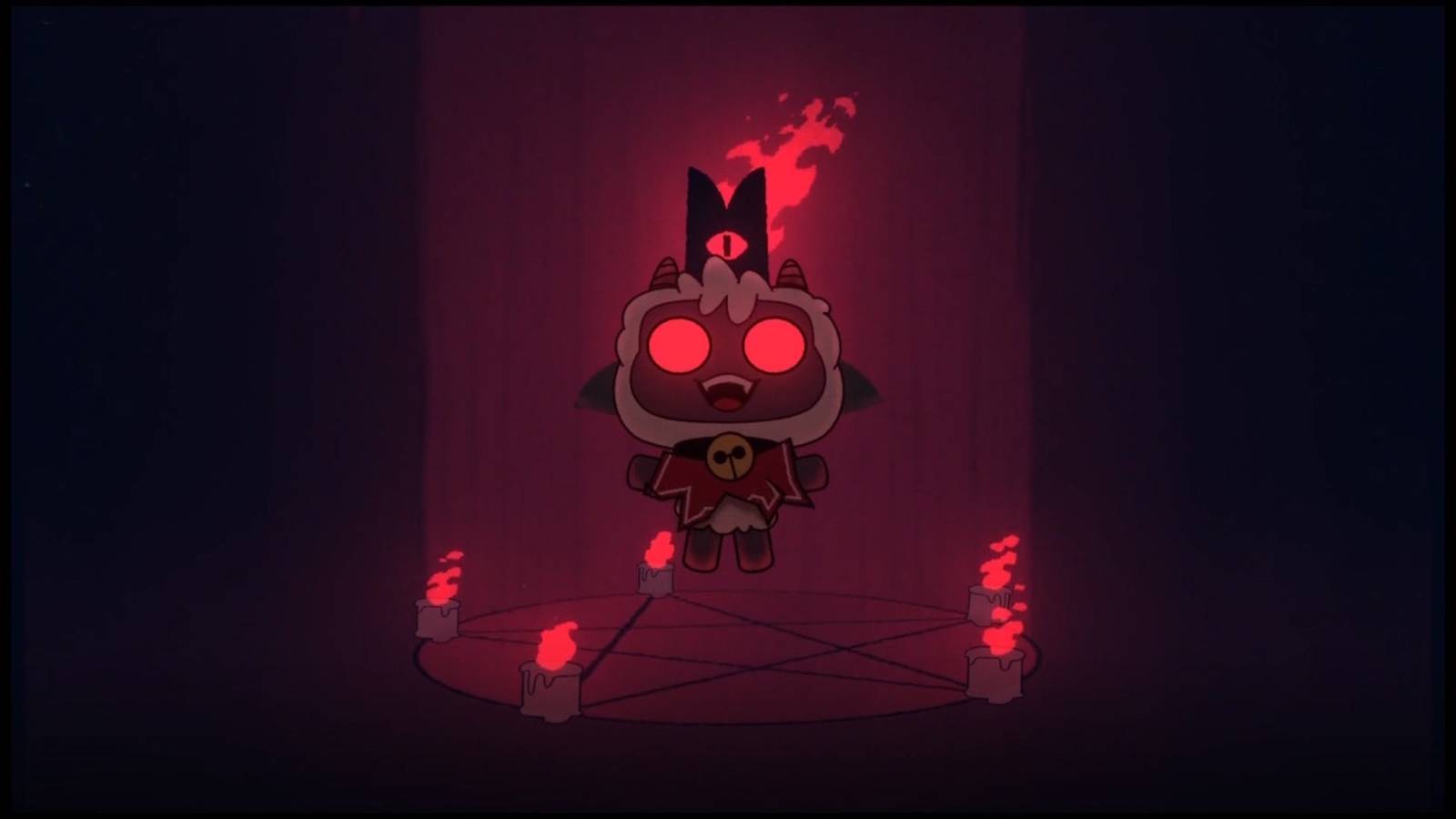 A cutscene featuring the lamb in Cult of the Lamb