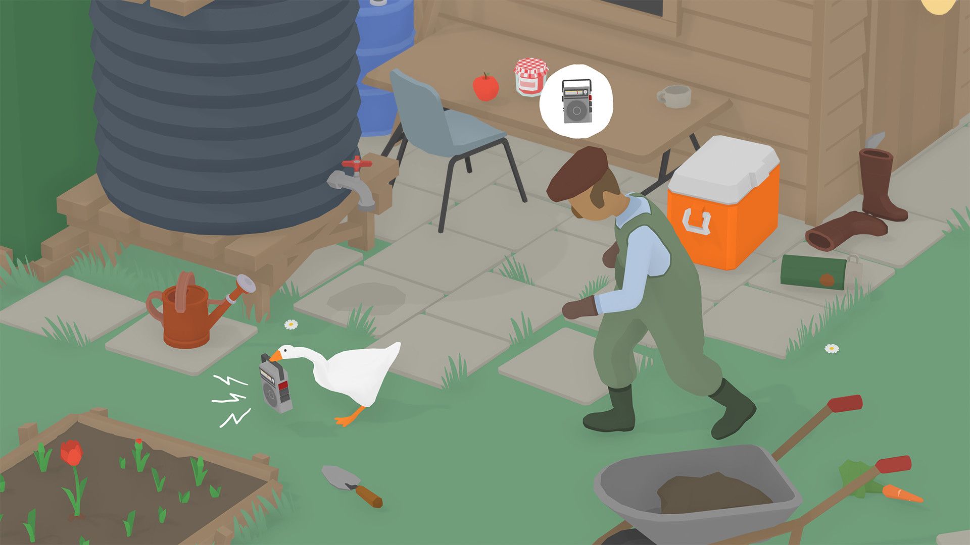 A farmer chasing a goose in Untitled Goose Game