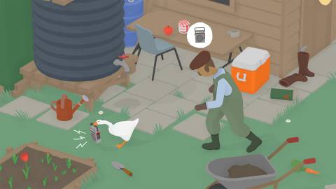 A farmer chasing a goose in Untitled Goose Game